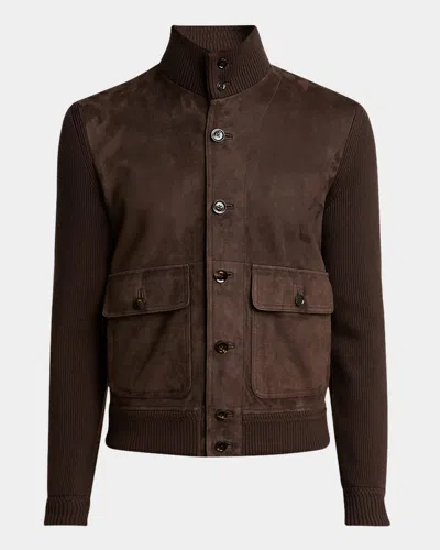 Tom Ford Mens Deep Brown Funnel-neck Ribbed-sleeve Suede And Wool Jacket In Brown