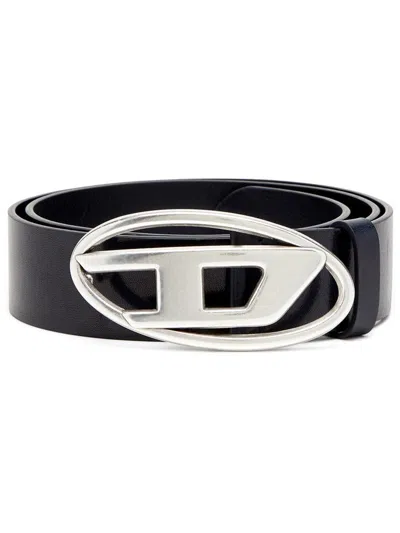 Diesel Black Belt With Oval D Logo Buckle Closure In Leather Man