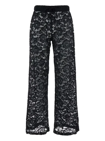 Venuja 'bohemia' Black Pants With Elastic Drawstring Waist And All-over Floral Embroidery In Black