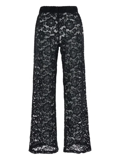 Venuja 'bohemia' Black Pants With Elastic Drawstring Waist And All-over Floral Embroidery In Black