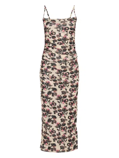 Nanushka Floral-print Ruched Dress In Neutral