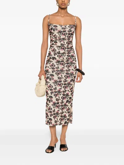 Nanushka Floral-print Ruched Dress In Neutral