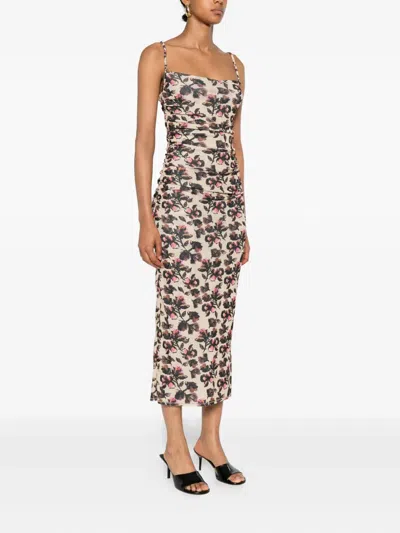 Nanushka Floral-print Ruched Dress In Neutral