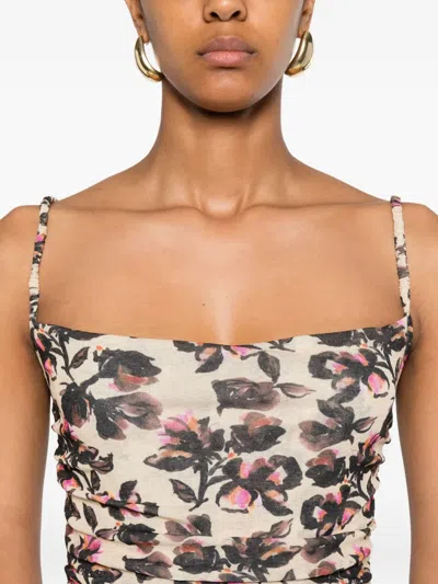 Nanushka Floral-print Ruched Dress In Neutral