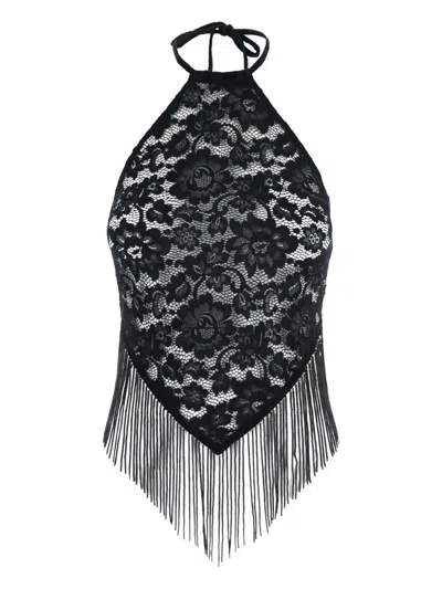 Venuja 'bohemia' Black Top With Halterneck And All-over Floral Embroidery In Black