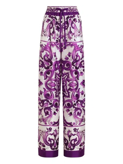 Dolce & Gabbana Majolica Print High Rise Wide Leg Pants In Purple