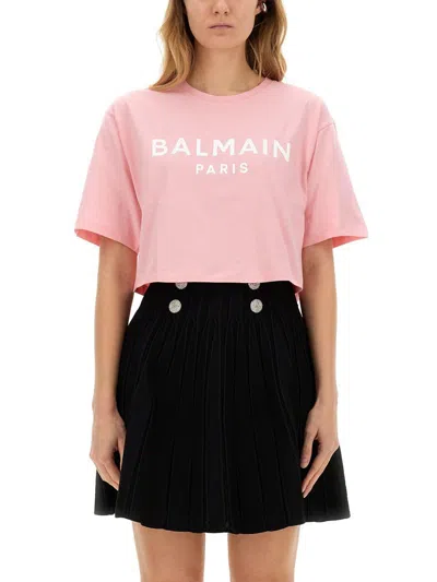 Balmain Women Logo Organic Cotton Cropped T-shirt In Pink