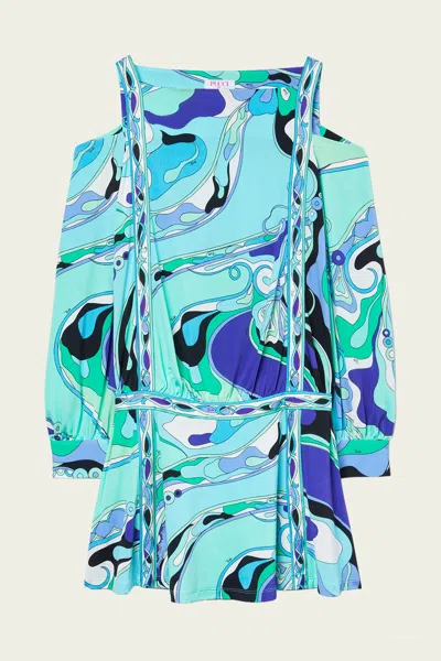 Pucci Orchidee-print Long-sleeve Jersey Dress In Verde Lilla In Blue