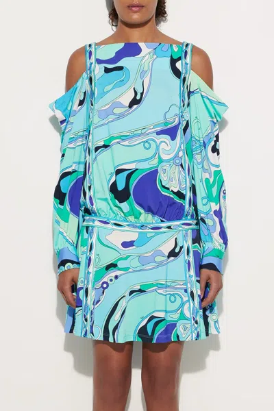 Pucci Orchidee-print Long-sleeve Jersey Dress In Verde Lilla In Blue