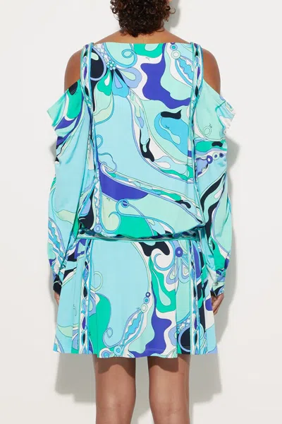 Pucci Orchidee-print Long-sleeve Jersey Dress In Verde Lilla In Blue
