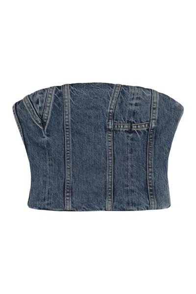 Amiri Denim Shirred Panel Cropped Top In Blue