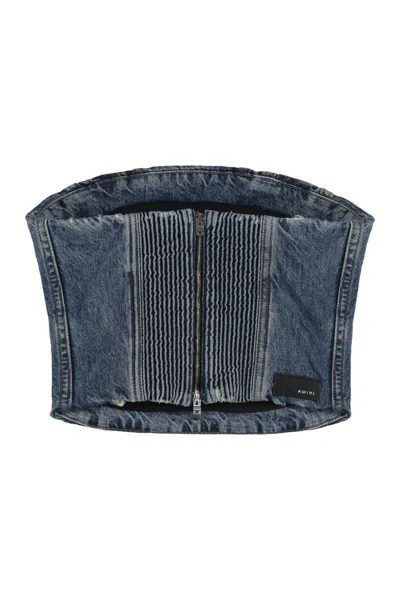 Amiri Denim Shirred Panel Cropped Top In Blue