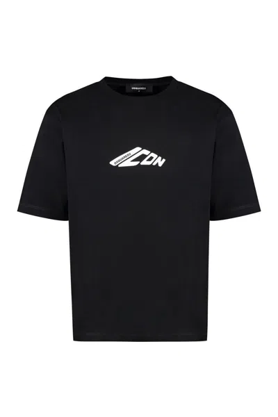 Dsquared2 Black T-shirt With Contrasting Icon Print In Cotton Man In Black