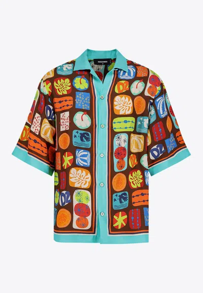 Dsquared2 Multicolor Shirt With Cuban Collar And All-over Printed Motif In Multi
