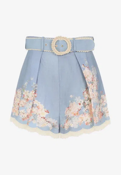 Zimmermann Womens Cascadian Tuck Floral Linen Shorts Teal Blue Botanical In Blue
