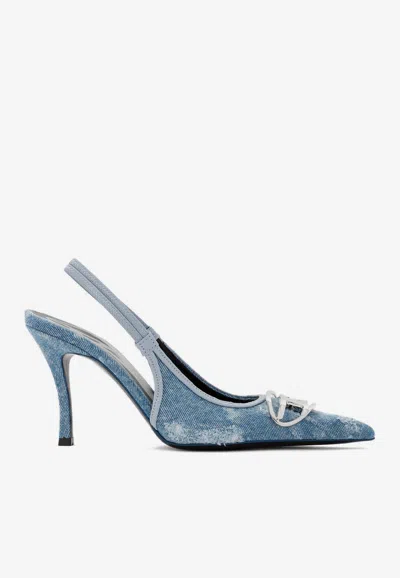 Diesel Pointed Toe Slingback Strap Silver-tone Pumps In Blue
