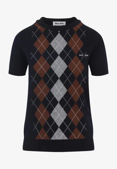 Miu Miu Cashmere Argyle Short-sleeve Sweater In Blue