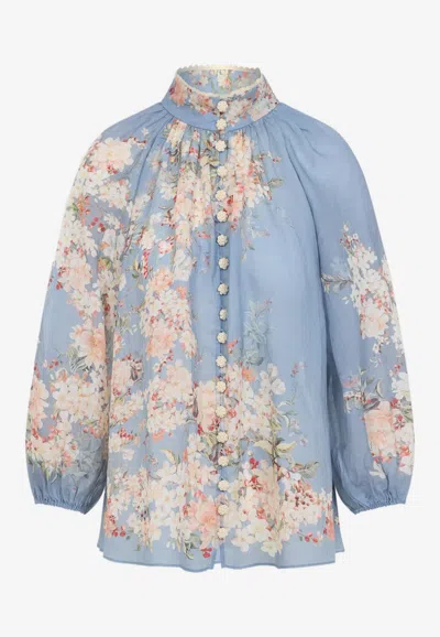 Zimmermann Womens Cascadian Billow Floral Woven Blouse Teal Blue Botanical In Multi