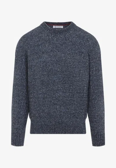 Brunello Cucinelli Blue Crewneck Sweater With A Melange Effect In Gray