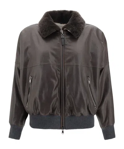 Brunello Cucinelli Leather Jacket With Shearling Collar In Brown