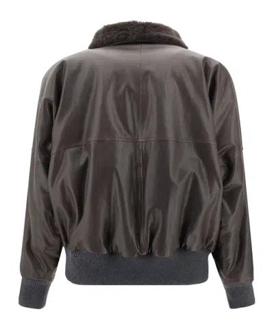 Brunello Cucinelli Leather Jacket With Shearling Collar In Brown