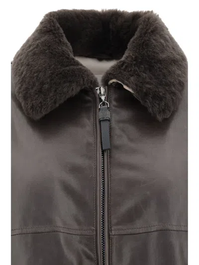 Brunello Cucinelli Leather Jacket With Shearling Collar In Brown