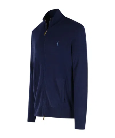 Polo Ralph Lauren Ribbed Cuff Wool Cardigan With Welt Pockets In Blue