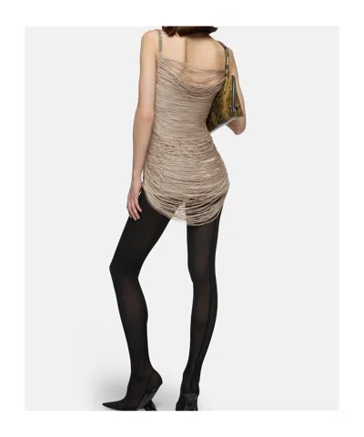 Attico Fringed Mini Dress Sheer Spaghetti Straps In Brown