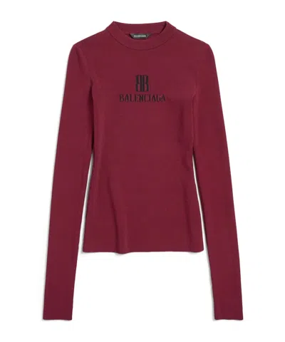 Balenciaga Ribbed Crewneck Long-sleeved Fitted Top In Pink