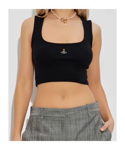 Vivienne Westwood Black Top With Embroidered Logo In Black