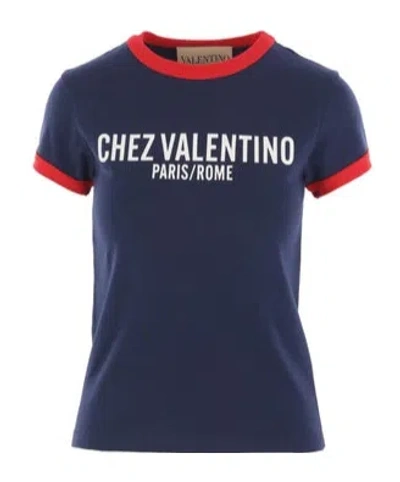 Valentino Crew Neck Cotton T-shirt With Contrast Trim In Blue