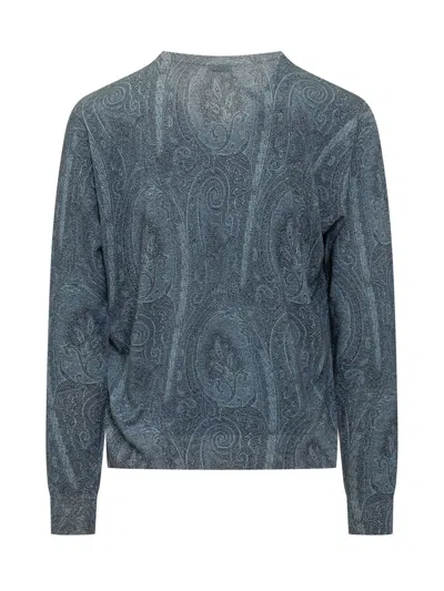 Etro Silk Blend Crew Neck Sweater With Paisley Embroidery In Blue