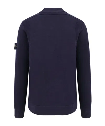Stone Island Blue Cardigan With High Neck And Logo Patch On The Sleeve In Cotton Man In Blue