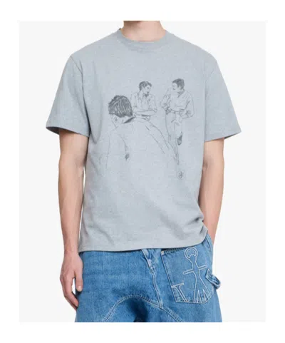 Jw Anderson Mens Mid Grey Melange Cafe Scene Crewneck Cotton-jersey T-shirt In Gray