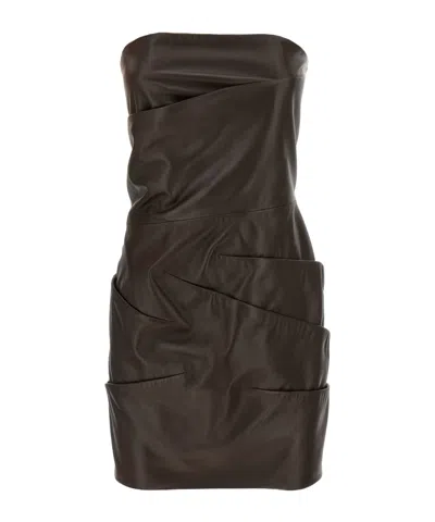 Attico Strapless Leather Dress With Layered Textured Finish In Brown