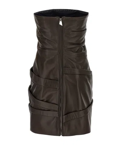 Attico Strapless Leather Dress With Layered Textured Finish In Brown