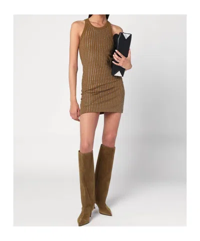 Attico Military Green Mini Dress With Rhinestones In Brown