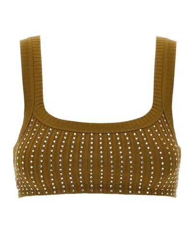 Attico Crystal Square Neckline Sleeveless Cropped Top In Green