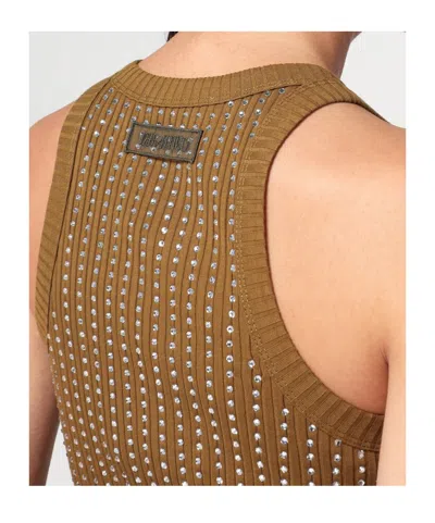 Attico Military Green Mini Dress With Rhinestones In Brown