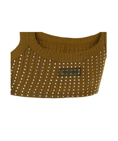 Attico Crystal Square Neckline Sleeveless Cropped Top In Green