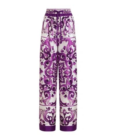 Dolce & Gabbana Majolica Print High Rise Wide Leg Pants In Purple
