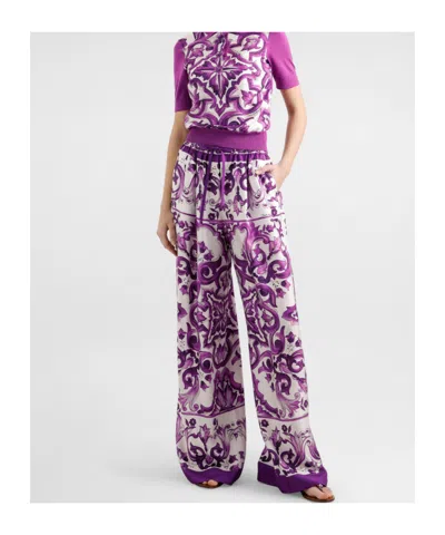 Dolce & Gabbana Majolica Print High Rise Wide Leg Pants In Purple