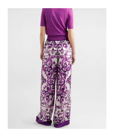 Dolce & Gabbana Majolica Print High Rise Wide Leg Pants In Purple
