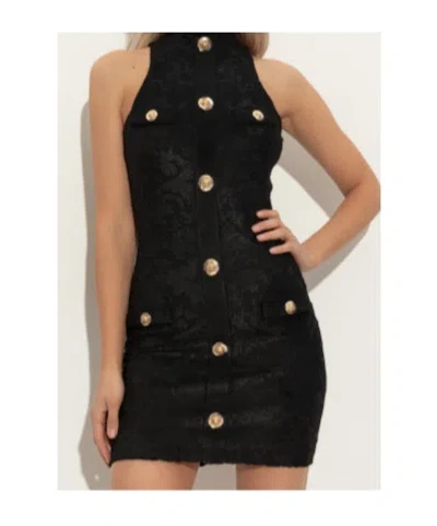 Balmain Black Dress With Pointed Collar And Logo Buttons On The Front In Brown