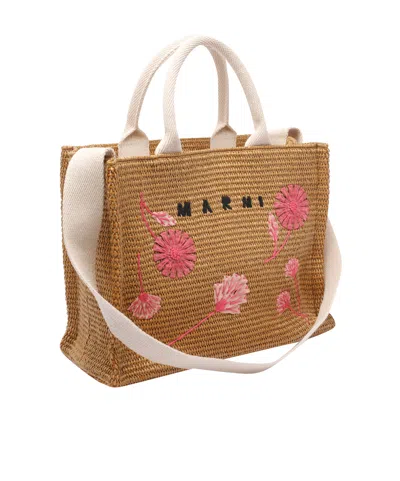 Marni Small Floral Embroidered Logo Raffia Tote