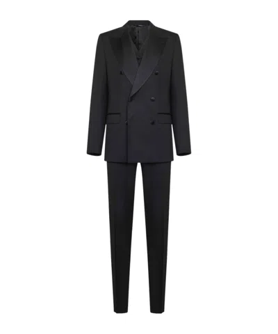 Dolce & Gabbana Black Wool And Silk Three-piece Tuxedo Suit In Blue