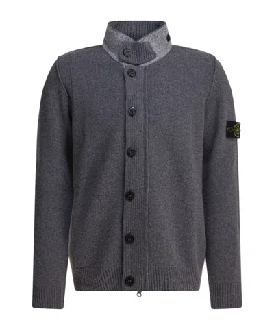 Stone Island Knit Button-up Jumper In Lamb Wool And Nylon Blend In Gray