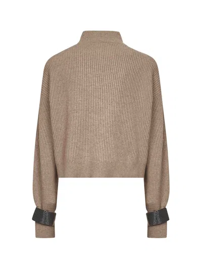 Brunello Cucinelli Women Brown Cashmere Cropped Sweater In Brown