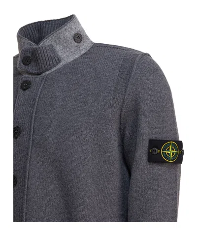Stone Island Knit Button-up Jumper In Lamb Wool And Nylon Blend In Gray