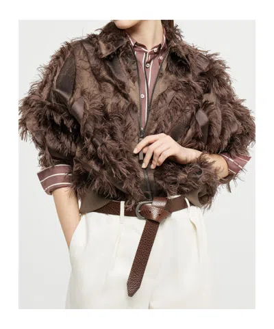 Brunello Cucinelli Dracaena Fil Coupé Bomber Jacket In Techno Cotton And Silk With Shiny Zipper Pull